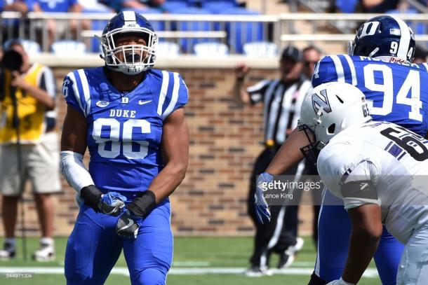 Duke freshman Drew Jordan celebrates a tackle against Northwestern.