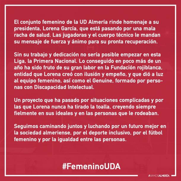 Comunicado oficial del club en homenaje a Lorena García  | @FemeninoUDA (Twitter)