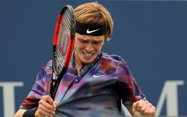 Photo: Elsa/Getty Images- Andrey Rublev's frustration mounts.