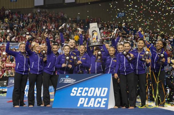 The LSU Tigers celebrate their historic second place finish at the NCAA Women's Gymnastics Championships/LSU Sports