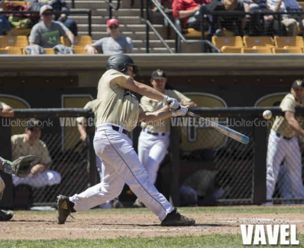 Jesse Forestell (27) hits one of his two doubles he had on the game. Photo: Walter Cronk