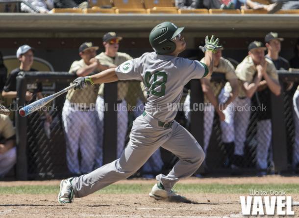 Drake Lubin (48) of Eastern Michigan gets a double out of what should have been a routine fly ball to center field. Photo: Walter Cronk