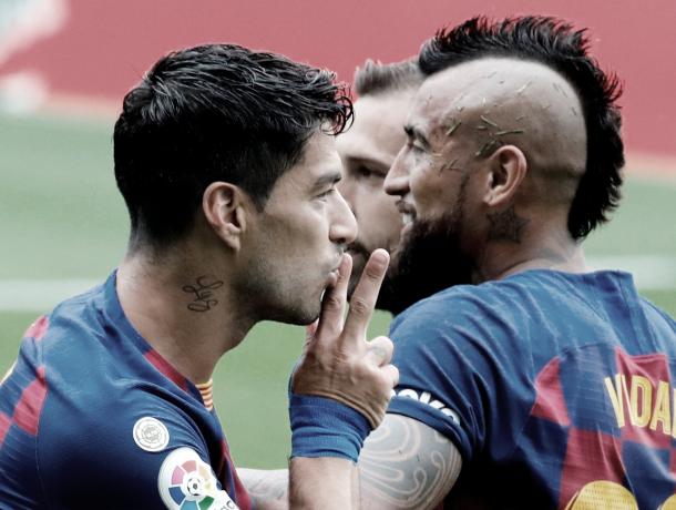 Suárez celebrando su doblete. | Fuente: FC Barcelona.
