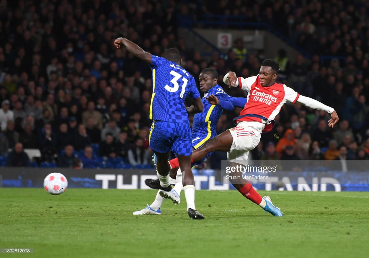 LONDON, ENGLAND - APRIL 20: <strong><a  data-cke-saved-href='https://vavel.com/en/football/2021/12/04/arsenal/1095027-is-nicolas-pepes-arsenal-career-finished.html' href='https://vavel.com/en/football/2021/12/04/arsenal/1095027-is-nicolas-pepes-arsenal-career-finished.html'>Eddie Nketiah</a></strong> scores the 3rd Arsenal goal during the <strong><a  data-cke-saved-href='https://vavel.com/en/football/2022/03/26/arsenal/1106465-who-is-darwin-nunez-a-look-at-arsenals-potential-next-striker.html' href='https://vavel.com/en/football/2022/03/26/arsenal/1106465-who-is-darwin-nunez-a-look-at-arsenals-potential-next-striker.html'>Premier League</a></strong> match between Chelsea and Arsenal at <strong><a  data-cke-saved-href='https://vavel.com/en/football/2022/04/20/premier-league/1109132-chelsea-2-4-arsenal-nketiah-brace-powers-gunners-to-victory-in-thrilling-london-derby.html' href='https://vavel.com/en/football/2022/04/20/premier-league/1109132-chelsea-2-4-arsenal-nketiah-brace-powers-gunners-to-victory-in-thrilling-london-derby.html'>Stamford Bridge</a></strong> on April 20, 2022 in London, England. (Photo by Stuart MacFarlane/Arsenal FC via <strong><a  data-cke-saved-href='https://vavel.com/en/football/2022/03/16/arsenal/1105375-arsenal-0-2-liverpool-jota-and-firmino-resign-gunners-to-first-loss-in-six-games.html' href='https://vavel.com/en/football/2022/03/16/arsenal/1105375-arsenal-0-2-liverpool-jota-and-firmino-resign-gunners-to-first-loss-in-six-games.html'>Getty Images</a></strong>)