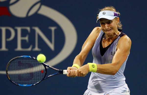 Ekaterina Makarova in action during her first career win over Wozniacki | Photo: Al Bello/Getty Images North America