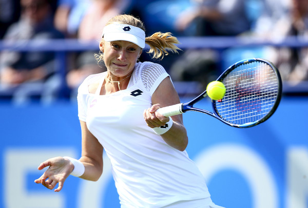 Ekaterina Makarova hits a forehand in Eastbourne. Photo: Jordan Mansfield/Getty Images