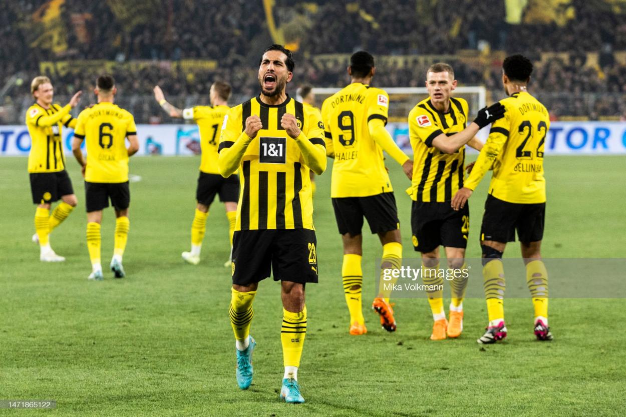 Emre Can celebrates scoring the second in Dortmund's 2-1 win over RB Leipzig PHOTO CREDIT: Mika Volkmann