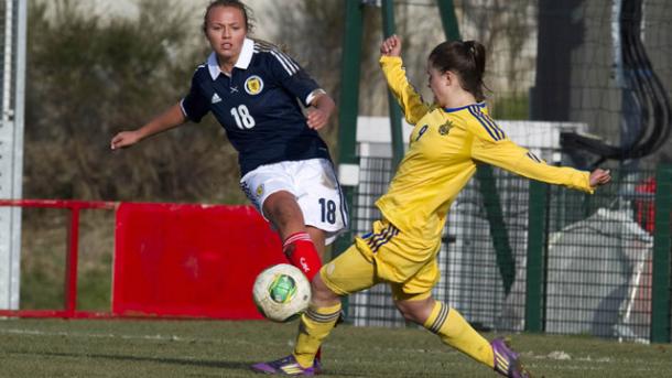 Claire Emslie (left) in action for Scotland. (Photo: SFA)