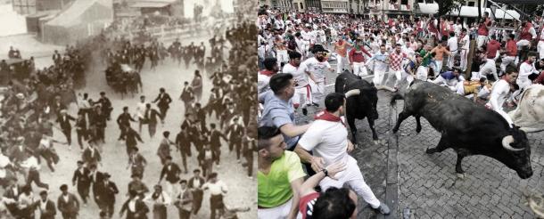Encierro de San Fermín en 1924 contrapuesto al último encierro de los Sanfermines 2019 (ganadería Miura) / Foto: Alberto Galdona