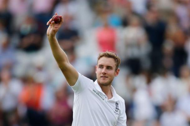 Broad holds the ball up after his 8-15 (photo: ecb)