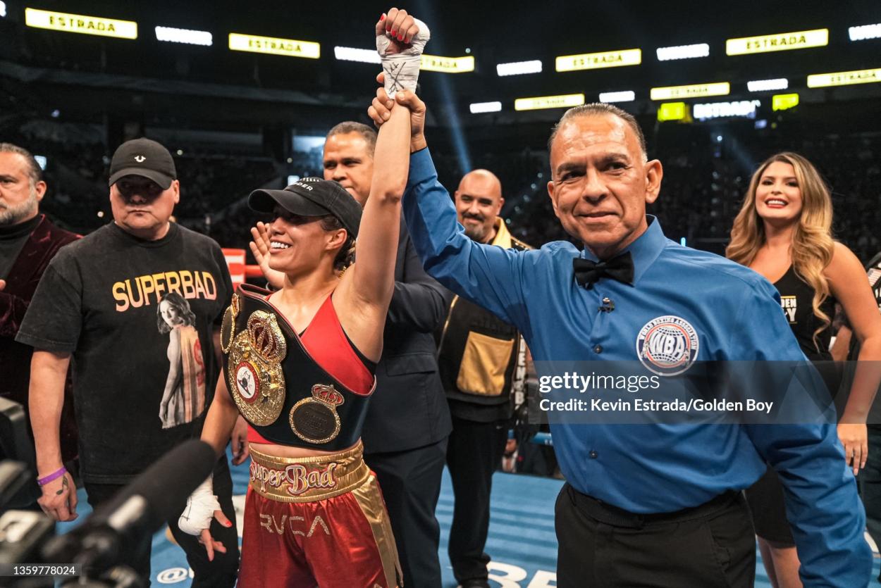 SAN ANTONIO, TEXAS - DECEMBER 18: Seniesa Estrada celebrates defeating Maria Santizo in their fight at AT&T Center on December 18, 2021 in San Antonio, Texas. (Photo by Kevin Estrada/Golden Boy/Getty Images)