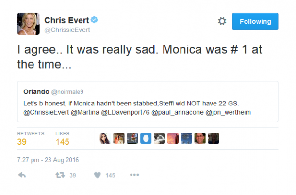Chris Evert's first comment on Twitter (Chris Evert's Twitter Account)