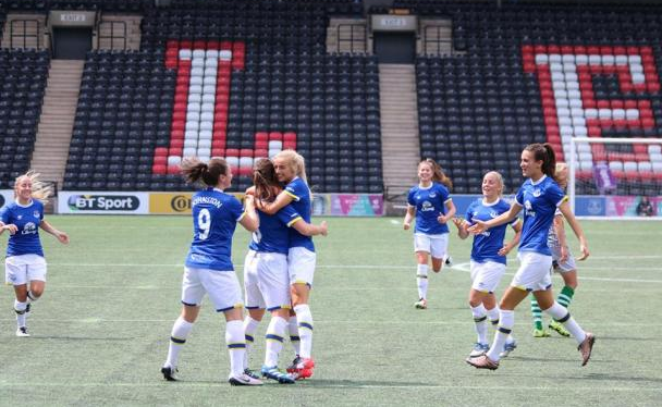 Chloe Kelly, being hugged by her team mates, was in good form last time out | Photo: Everton Ladies.