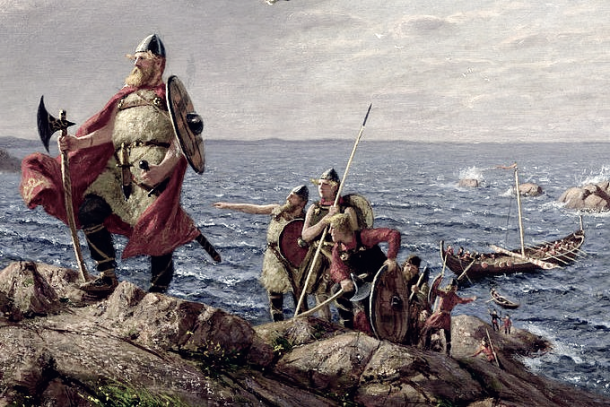 Imagen idealizada de una expedición vikinga arribando a un destino desconocido. Fuente: Wikicomons