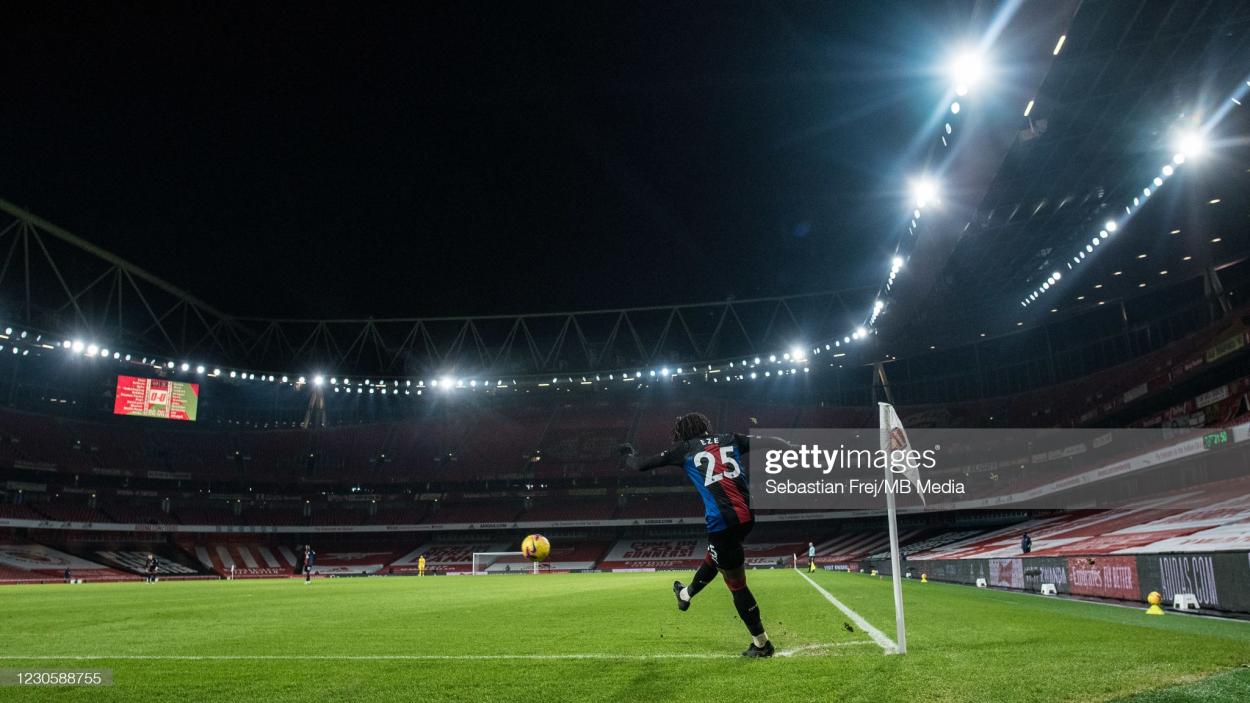 Crystal Palace's Eberechi Eze stands over a corner at the Emirates | Photo by Sebastian Frej/MB Media/Getty Images