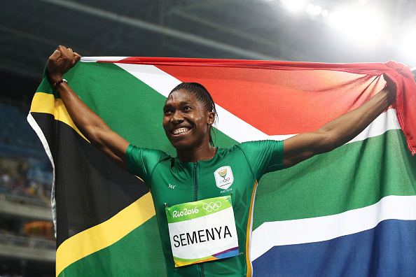 Caster Semenya celebrates after taking gold in the 800-meters (Getty/Ezra Shaw)