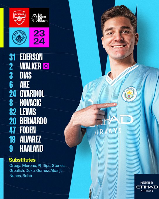 Em qual canal de TV estrará o Arsenal x City?