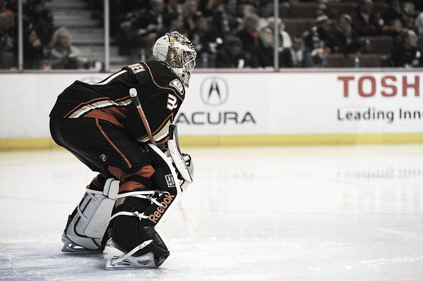 Frederik Anderson takes to the crease in a game between the Anaheim Ducks and Winnipeg Jets. (Jonathan Moore/Getty Images)