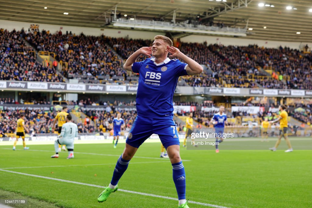 Harvey Barnes of Leicester City celebrates after scoring to make it 0-2 during the Premier League match between Wolverhampton Wanderers and Leicester City at Molineux on October 23, 2022 in Wolverhampton, United Kingdom. (Photo by Plumb Images/Leicester City FC via Getty Images)