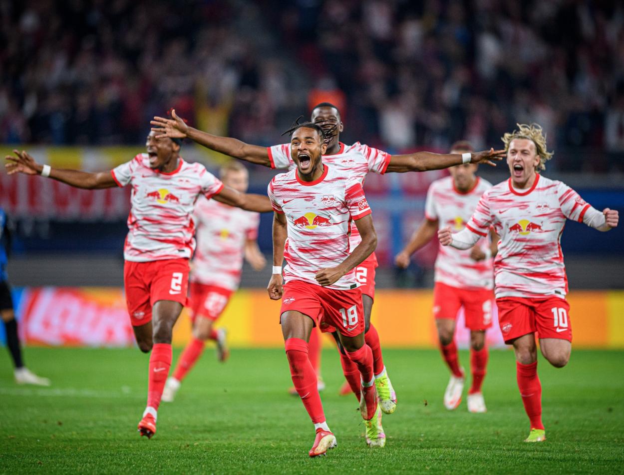 emoción de los jugadores del Leipzig tras anotar frente al Brujas / Fuente: Leipzig