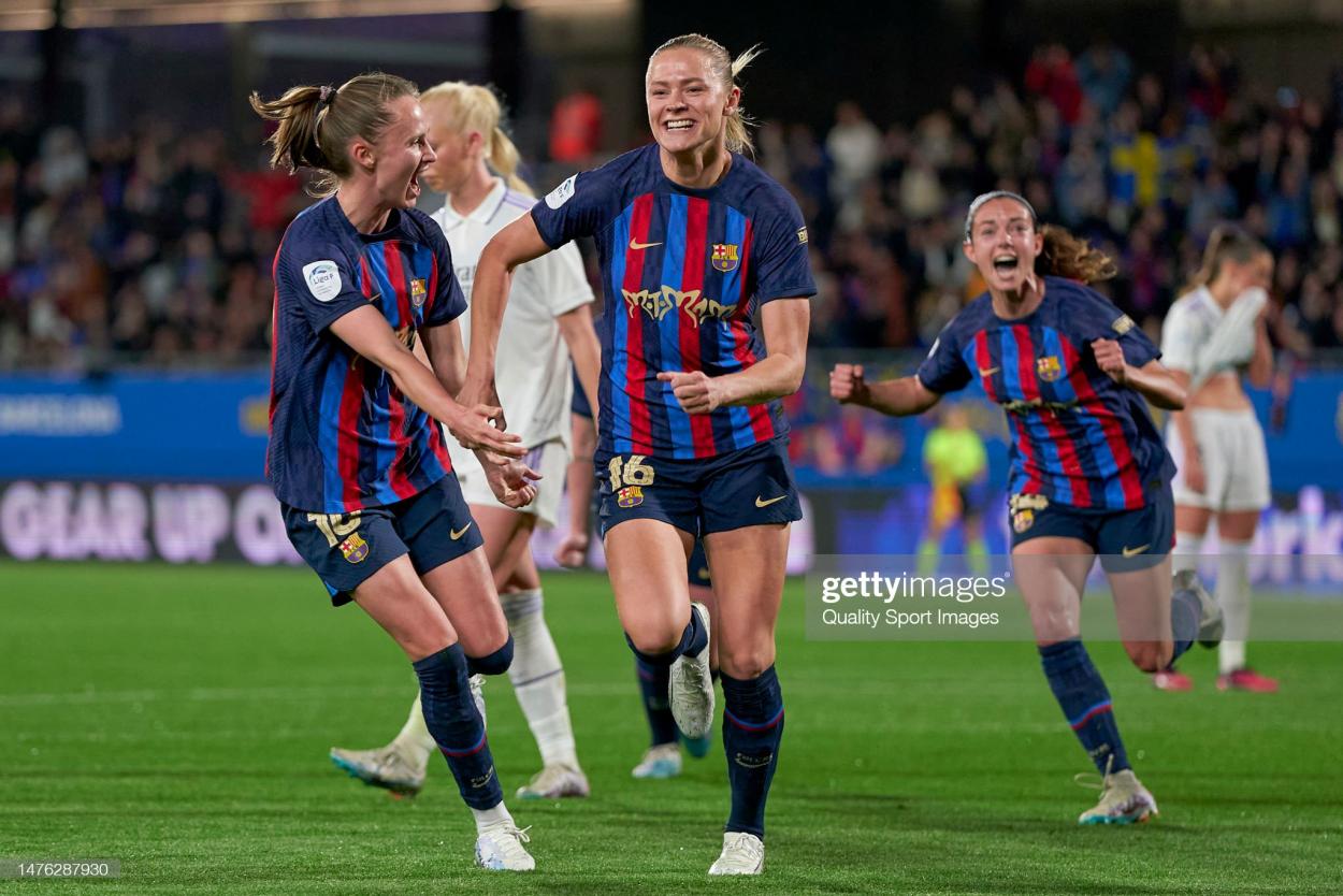 Players of FC Barcelona celebrating their team's opening goal during the Liga F match between FC Barcelona and <strong><a  data-cke-saved-href='https://www.vavel.com/en/football/2023/03/21/womens-football/1141369-emma-hayes-says-chelsea-women-are-ready-ahead-of-champions-league-quarter-final-against-lyon.html' href='https://www.vavel.com/en/football/2023/03/21/womens-football/1141369-emma-hayes-says-chelsea-women-are-ready-ahead-of-champions-league-quarter-final-against-lyon.html'>Real Madrid</a></strong> CF at Estadi Johan Cruyff on March 25, 2023 in Barcelona, Spain. (Photo by Pedro Salado/Quality Sport Images/Getty Images)