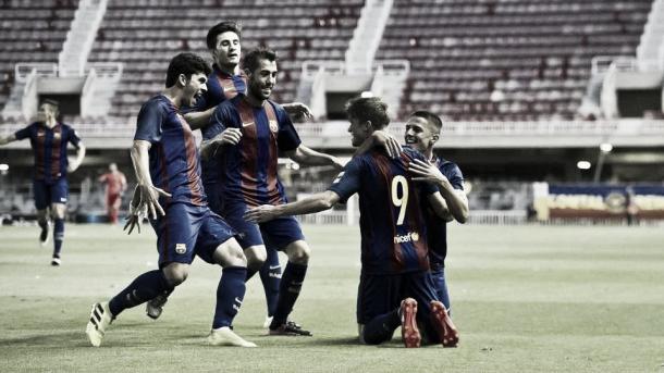 Los jugadores del filial blaugrana celebran uno de los goles frente al Lleida. Foto: FCBarcelona