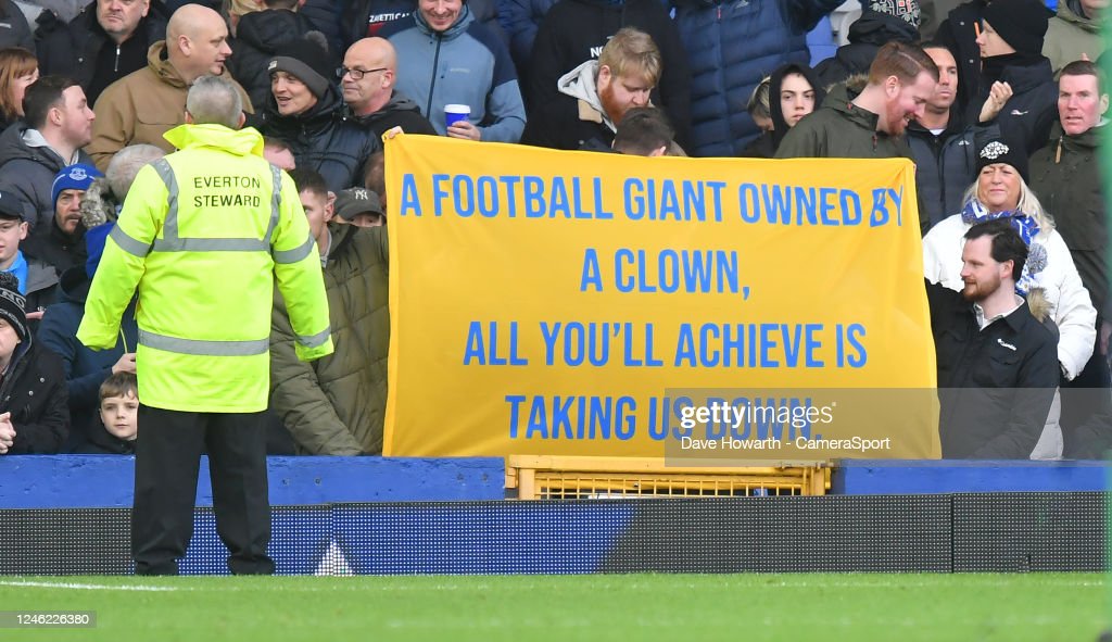 Protest banner during the Premier League match between Everton FC and Southampton FC at Goodison Park on January 14, 2023 in Liverpool, United Kingdom. (Photo by Dave Howarth - CameraSport via Getty Images)