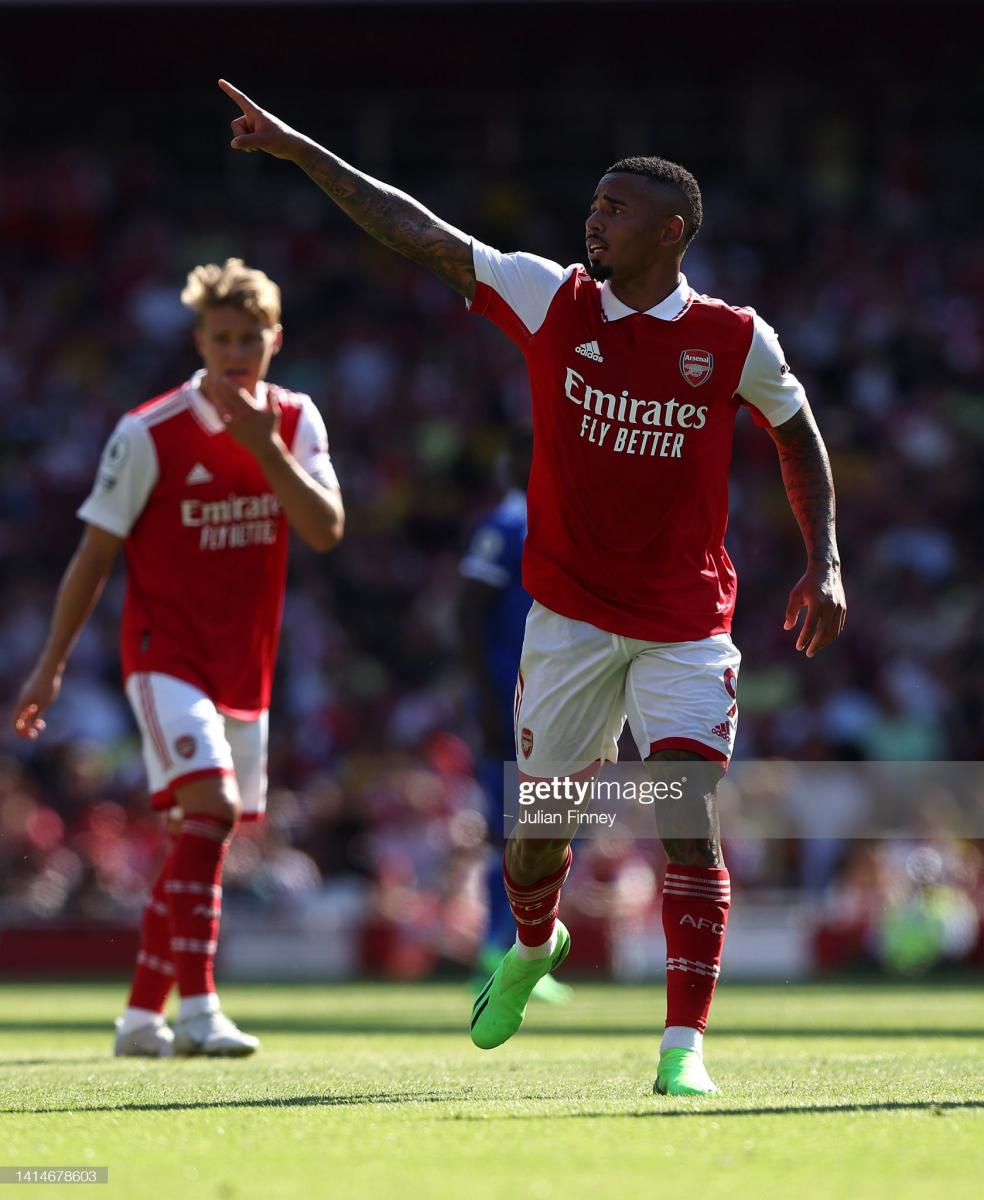 LONDON, ENGLAND - AUGUST 13: <strong><a  data-cke-saved-href='https://www.vavel.com/en/football/2022/08/04/premier-league/1118845-crystal-palace-vs-arsenal-premier-league-preview-gameweek-1-2022.html' href='https://www.vavel.com/en/football/2022/08/04/premier-league/1118845-crystal-palace-vs-arsenal-premier-league-preview-gameweek-1-2022.html'>Gabriel Jesus</a></strong> of Arsenal in action during the Premier League match between Arsenal FC and <b><a  data-cke-saved-href='https://www.vavel.com/en/data/leicester-city' href='https://www.vavel.com/en/data/leicester-city'>Leicester City</a></b> at <strong><a  data-cke-saved-href='https://www.vavel.com/en/football/2021/11/26/premier-league/1094106-arsenal-vs-newcastle-live-stream-score-updates-and-how-to-watch.html' href='https://www.vavel.com/en/football/2021/11/26/premier-league/1094106-arsenal-vs-newcastle-live-stream-score-updates-and-how-to-watch.html'>Emirates Stadium</a></strong> on August 13, 2022 in London, England. (Photo by Julian Finney/Getty Images)
