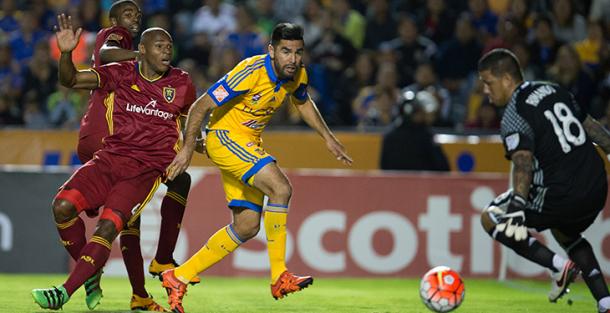 Tigres's José Rivas scoring the first goal against Real Salt Lake in game one in Mexico last Wednesday. Photo provided by MexSport.