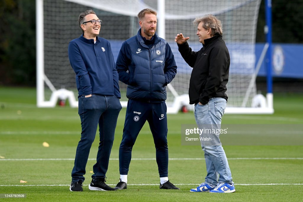 Co-owner and Director Jonathan Goldstein, Head Coach Graham Potter and Co Owner and Chairman Todd Boehly of Chelsea during a training session at Chelsea Training Ground on October 7, 2022 in Cobham, England. (Photo by Darren Walsh/Chelsea FC via Getty Images)