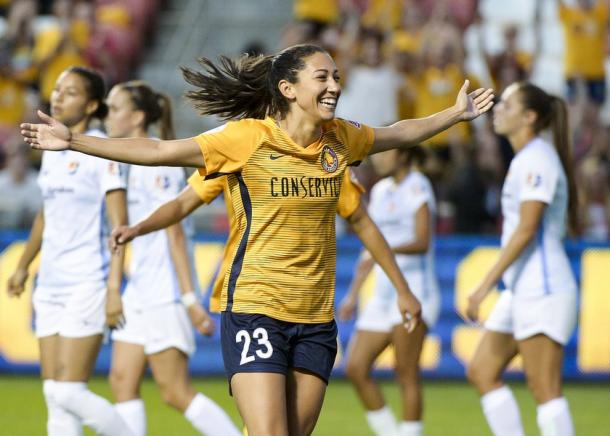 Christen Press put two away against Sky Blue FC on Wednesday night | Source: Leah Hogsten-The Salt Lake Tribune