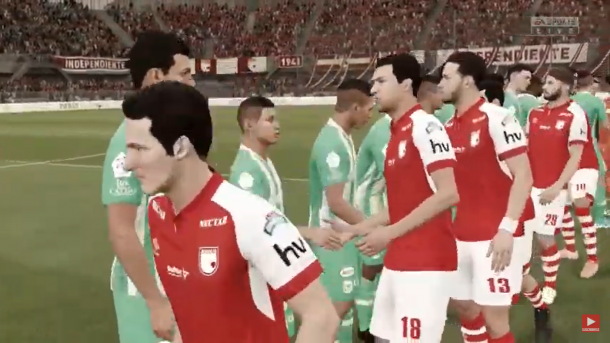 Partido entre Independiente Santa Fe y Atlético Nacional en le videojuego 'FIFA20'. Imagen: captura de pantalla Youtube.