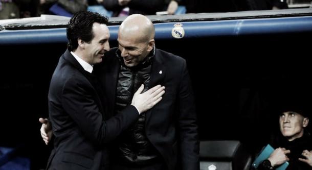 Emery y Zidane se saludan al principio del partido // Foto: Real Madrid