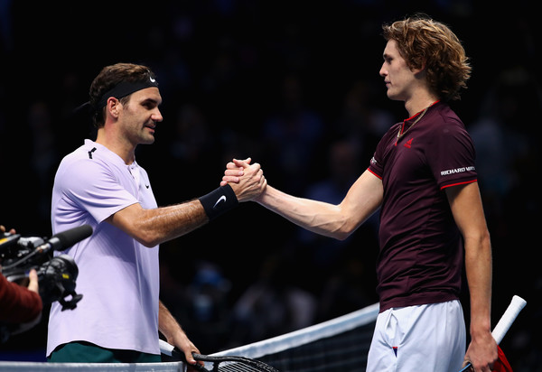 Alexander Zverev (right) was 15 years old when Roger Federer was last ranked number one. They've met five times since 2016, including this meeting at the 2017 ATP World Tour Finals. Federer leads their head-to-head 3-2. Photo: Clive Brunskill/Getty Images