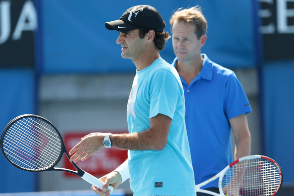 Federer practices in Melbourne during the Australian Open with Edberg. Photo: Matt King, Getty Images/Zimbio