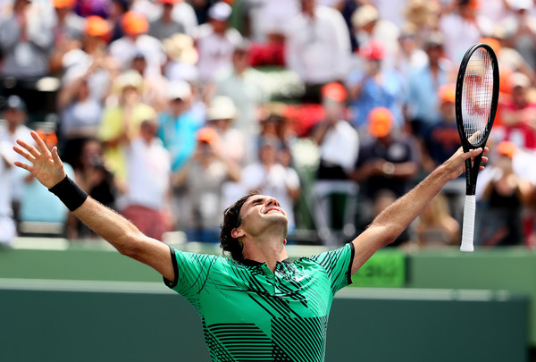 Federer reacts to his victory. Photo: Al Bello/Getty Images