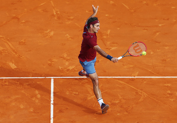 Federer hits a volley in Monte Carlo. Photo: Michael Steele/Getty Images