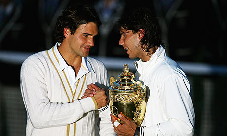 Roger Federer (left) and Rafael Nadal after their epic 2008 Wimbledon Final. Photo: Julian Finney/Getty Images