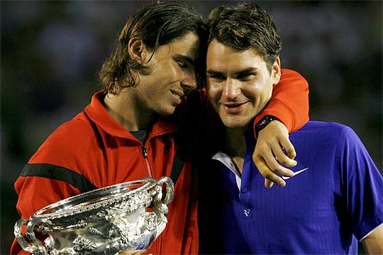 Rafael Nadal (left) and Roger Federer after their 2009 Australian Open final. Photo: Fairfax Media