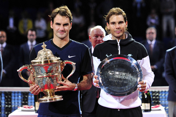 Roger Federer (left) and Rafael Nadal after their Basel final in October. Photo: Harold Cunningham/Getty Images