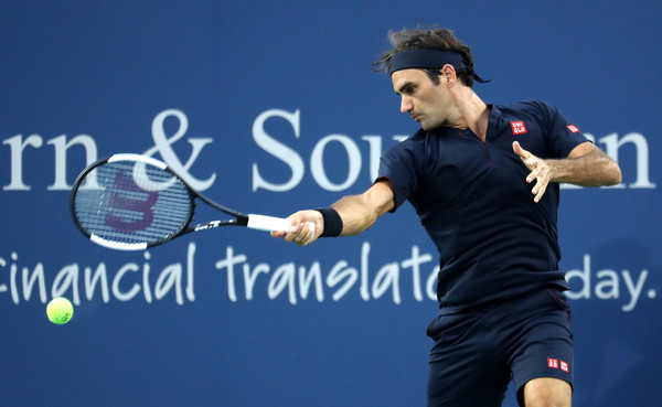 Federer strikes on his mighty forehands on Tuesday night in Cincinnati. Photo: Rob Carr/Getty Images