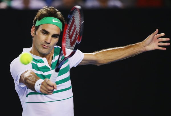 Federer hits a backhand during his semifinal defeat on Thursday. Photo: Michael Dodge/Getty Images