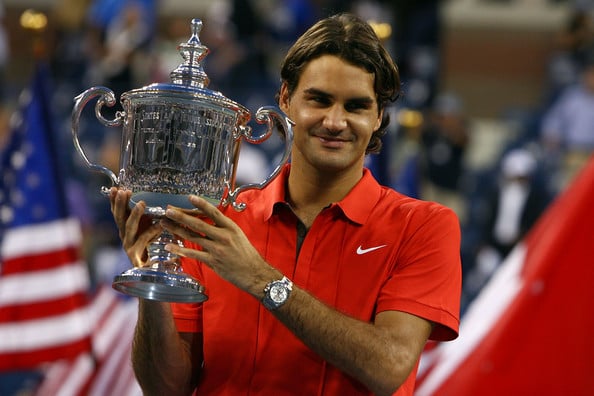 Federer poses with his trophy after winning the 2008 US Open, his last title in New York. Photo: Al Bello/Getty Images