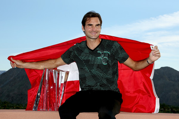 Roger Federer poses with his Indian Wells trophy. Photo: Matthew Stockman/Getty Images