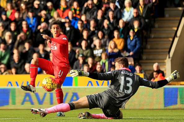 Roberto Firmino hits the ball beyond Declan Rudd to open the scoring for Liverpool. (Getty)