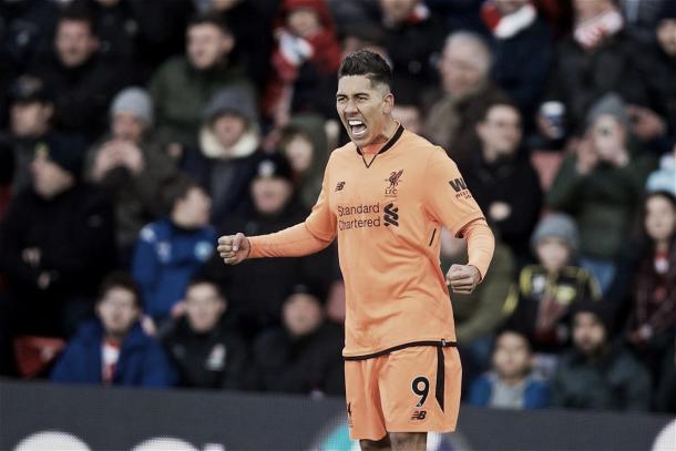 Firmino festeja la apertura del marcador. Foto: Liverpool.