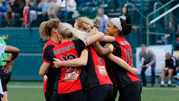 Jessica McDonald (far right) celebrates with her team during their games against Sky Blue FC | nwslsoccer.com