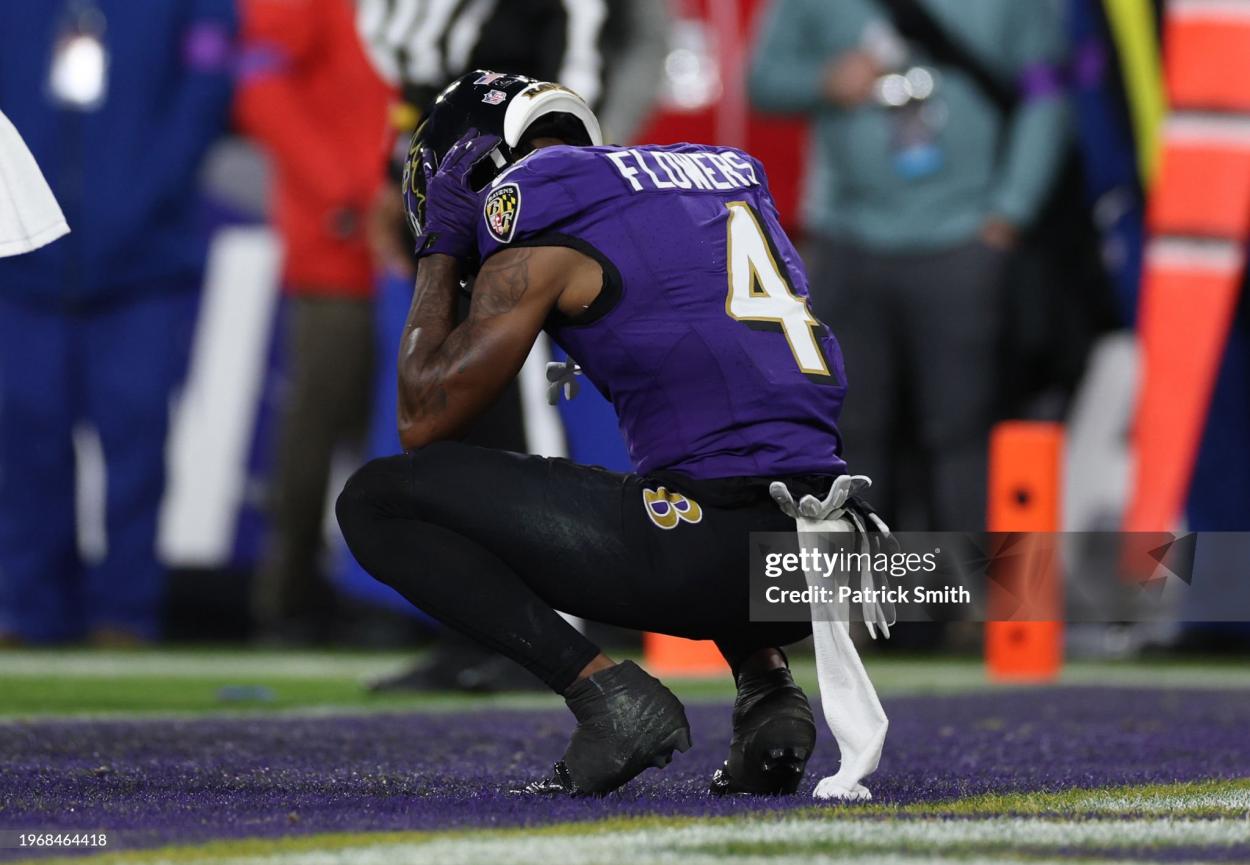Zay Flowers #4 of the Baltimore Ravens reacts after fumbling on the goal line against the Kansas City Chiefs during the fourth quarter in the AFC Championship Game at M&T Bank Stadium on January 28, 2024 in Baltimore, Maryland. (Photo by Patrick Smith/Getty Images)