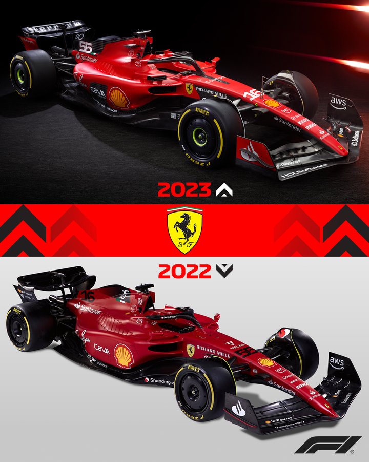 Comparación entre el coche de Ferrari del 2022 y del 2023 | Fuente: Twitter @ScuderiaFerrari