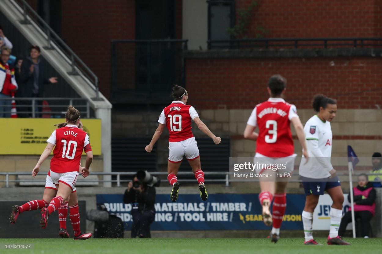 Arsenal's Caitlin Foord celebrating one of her two goals in the Women's Super League fixture against Tottenham Hotspur (Photo by Henry Browne - The FA/Getty Images)